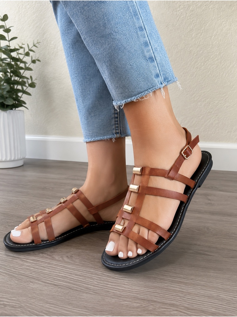 Gladiator Sandals Gold Stud Accents Ankle Strap Women’s US 6.5-7 (EU 37) NWOT